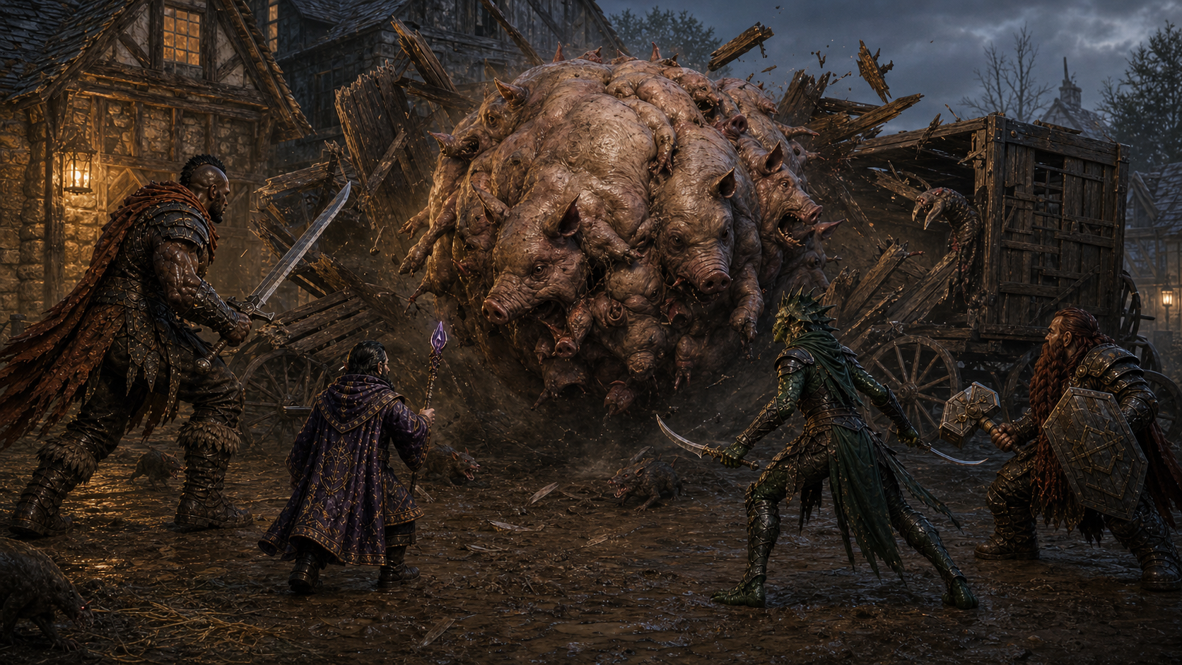 The party battles the fused pig beast as it bursts from a livestock wagon outside the Everchard hostel