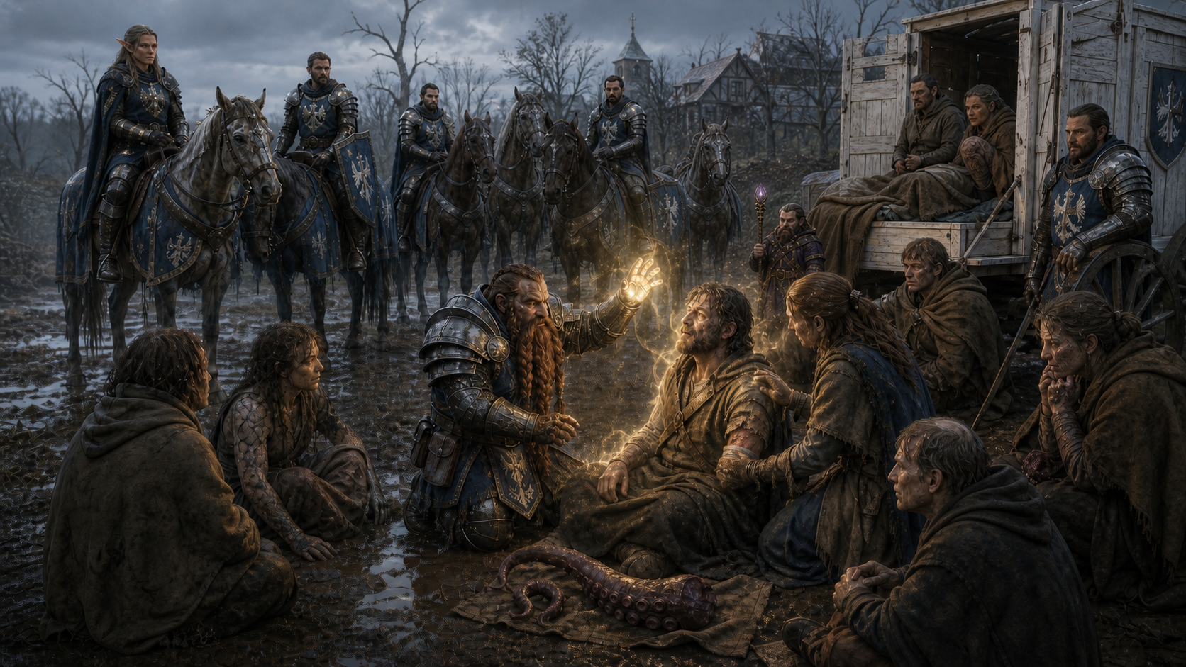 The Hartwall militia's dwarf healer partially restores the transformed Everchard townsfolk