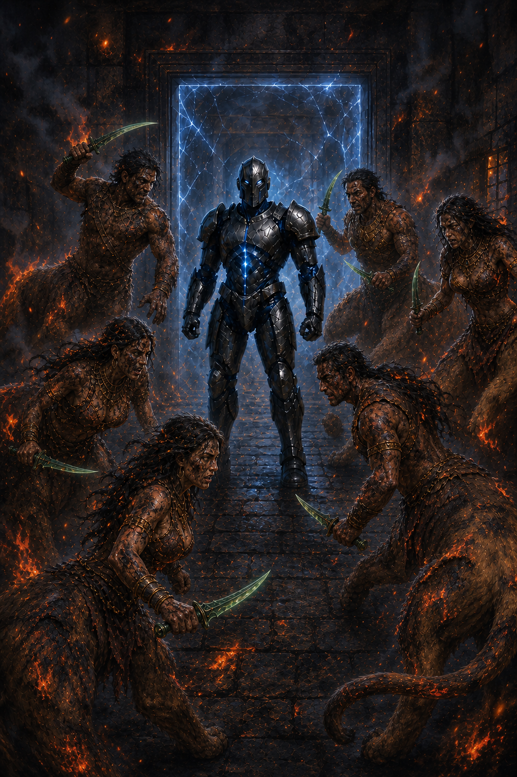 Dotharl surrounded by Lamias after the fireball fades