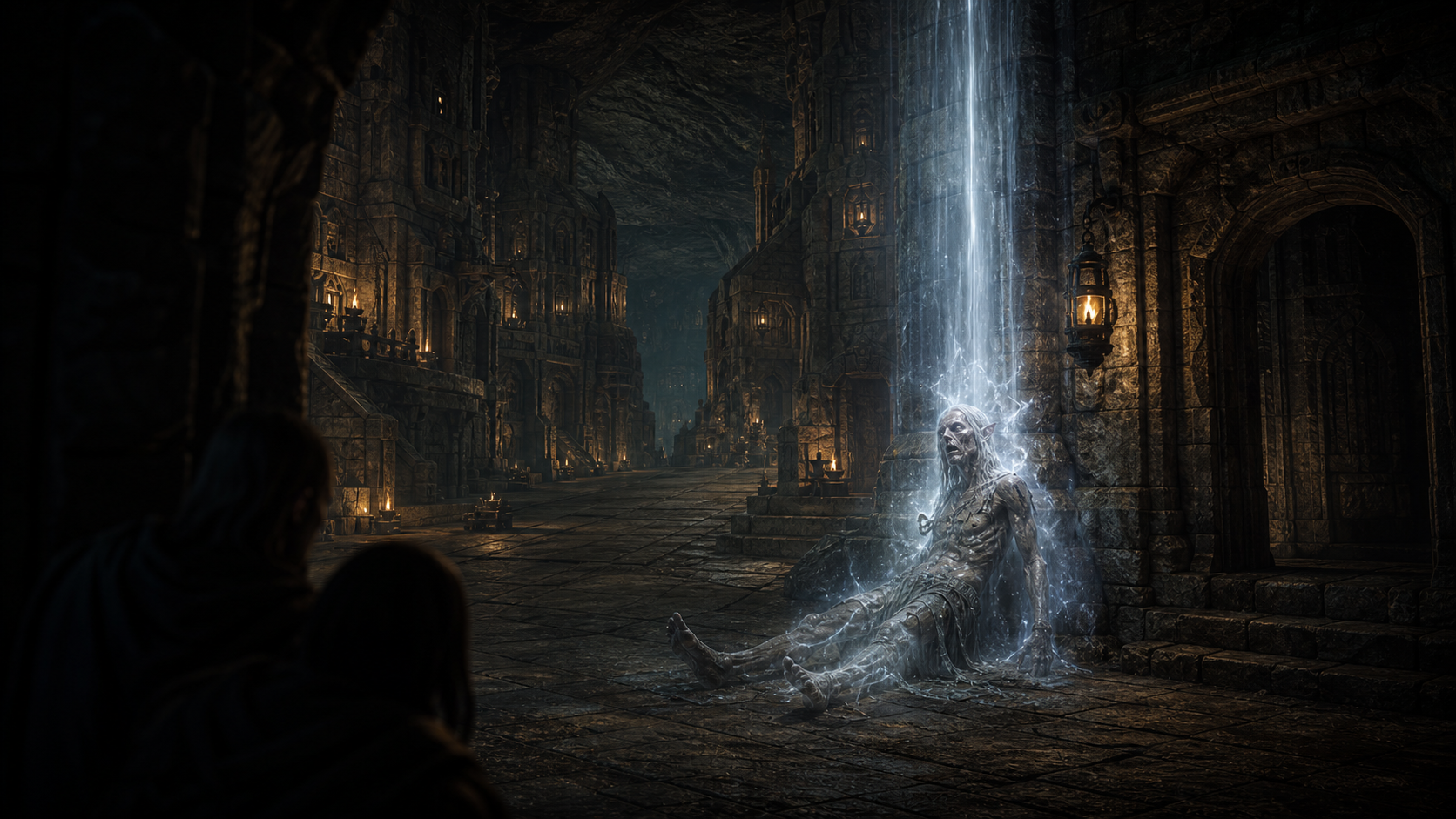 An invisible elven husk revealed by Moonbeam outside a forgotten Hammerguard tavern