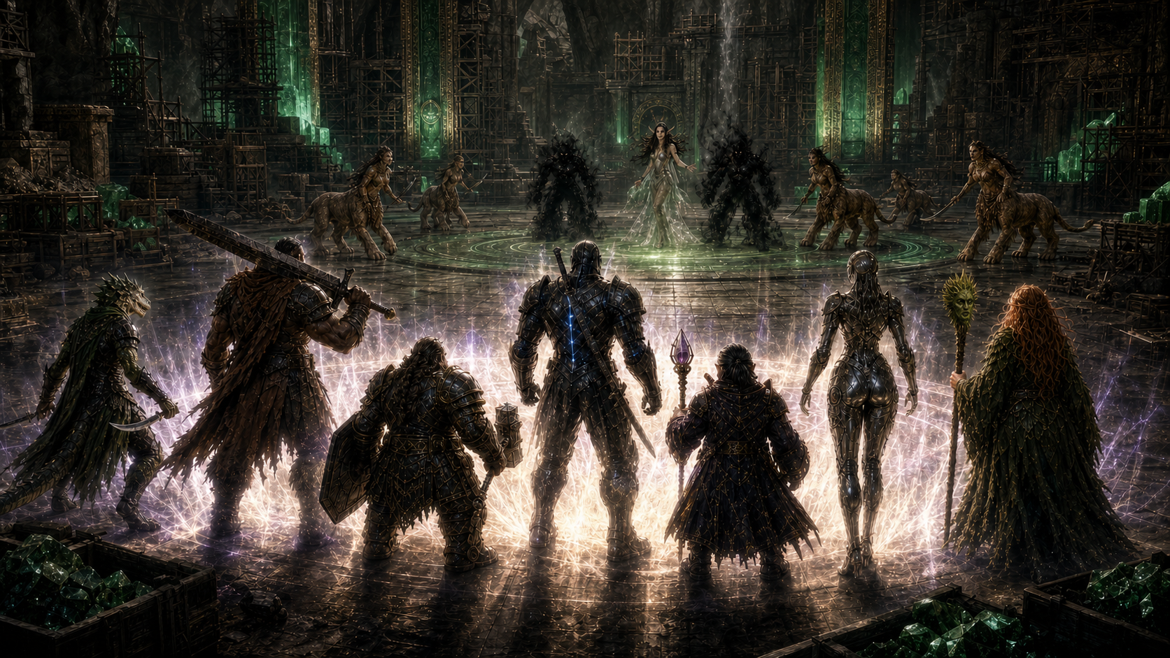The party teleports into Envy's unfinished jade palace