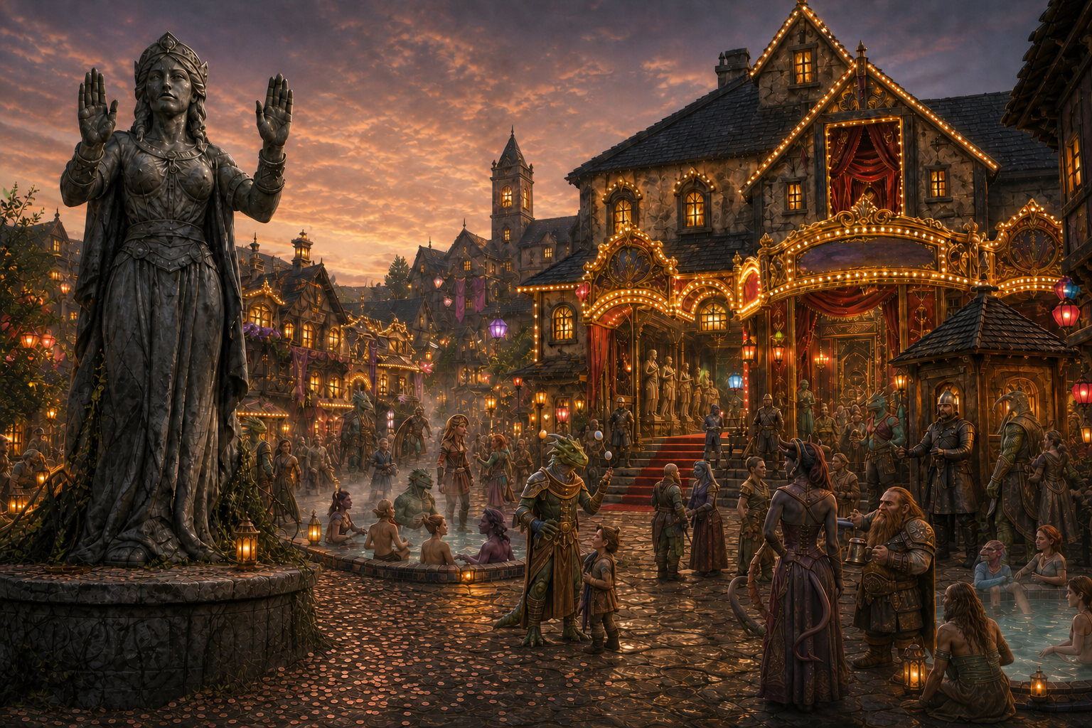 Brookville Springs with Bridged's statue, casinos, and hot springs