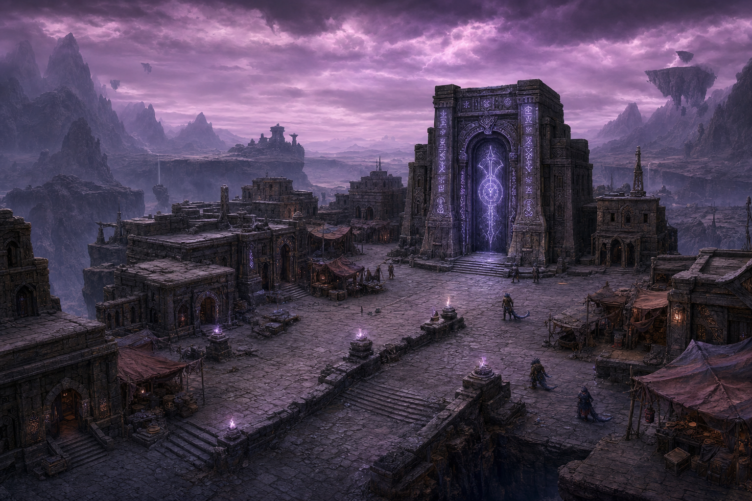Dulpeake's runed doorway and market square beneath a purple sky